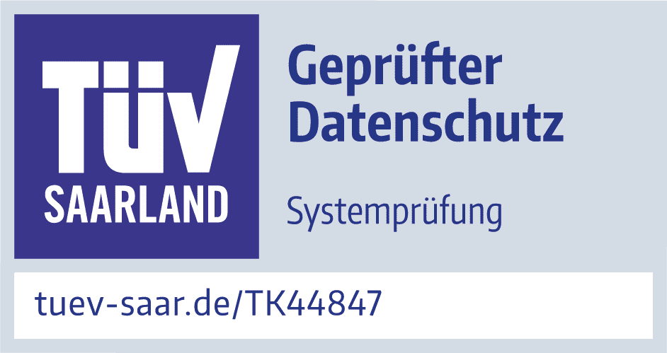 Siegel des TÜV Saarland für den geprüften Datenschutz